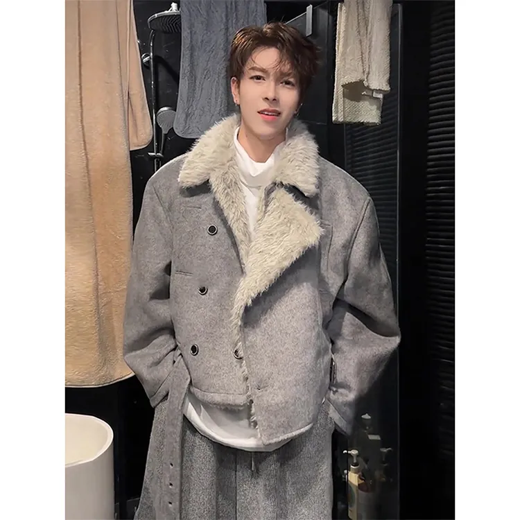 双排扣加厚毛呢外套男女款冬季美式高级感保暖夹克座山雕短款棉衣