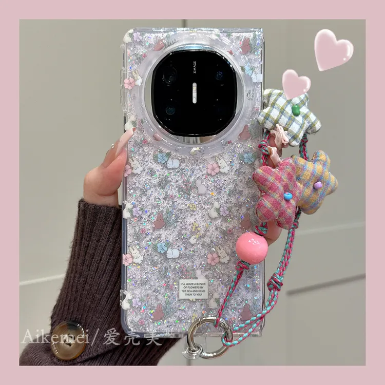 适用华为matex6折叠屏手机壳matex5典藏版闪粉碎花matex3兔子链条