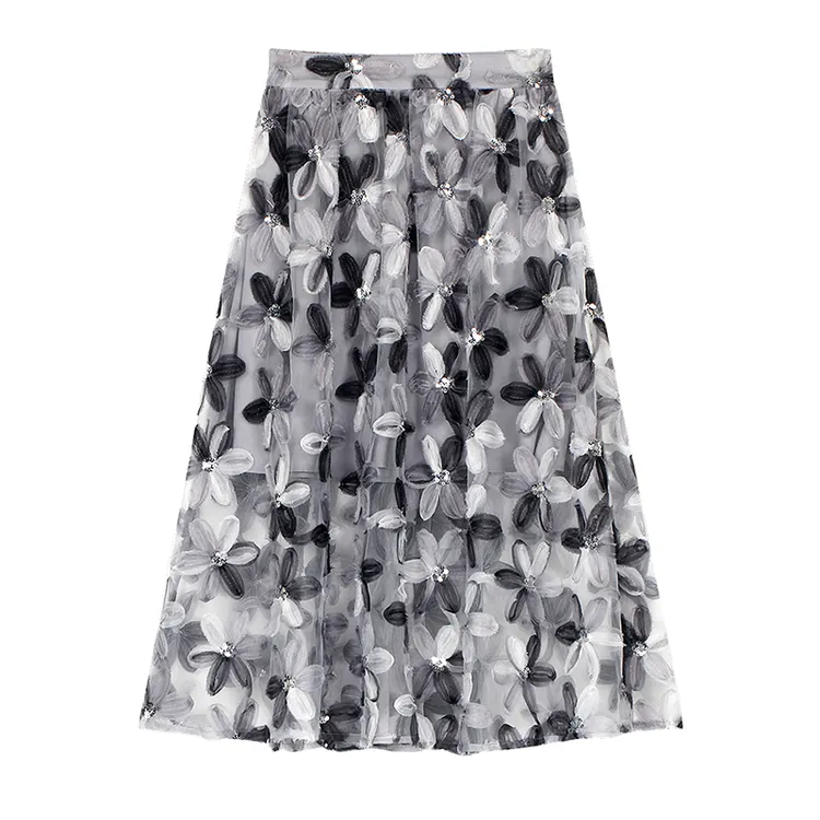 【独设160038】轻盈纱裙女中长款立体扎花半身裙减龄A字弹力腰伞裙