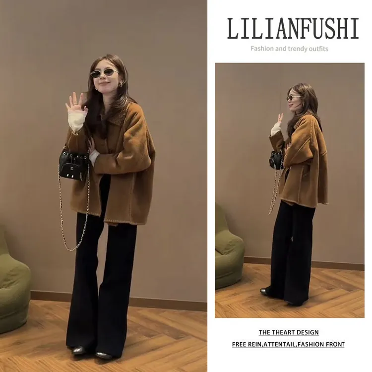 秋冬穿搭2025新款宽松翻领长袖外套纯色打底衫显瘦阔腿裤三件套女