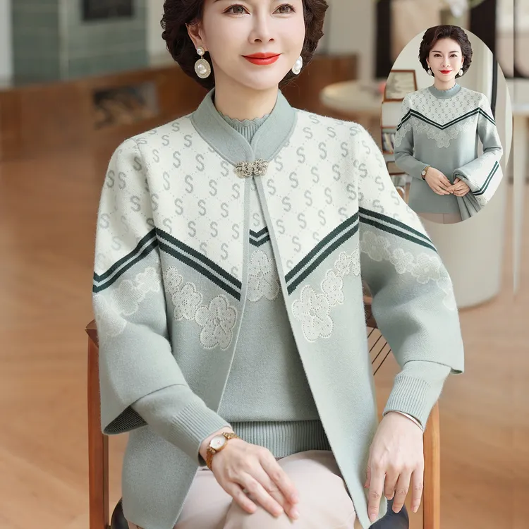2025新款妈妈秋装中式衣服红色针织两件套中老年女装毛衫50岁外套