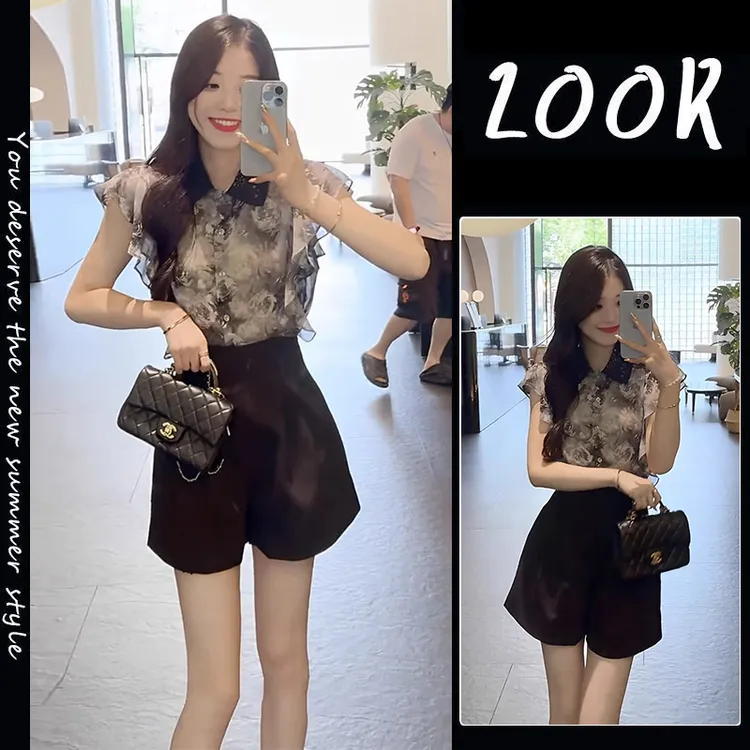 今年流行的夏装套装薄款高级感碎花雪纺衫高腰显瘦西装短裤两件套