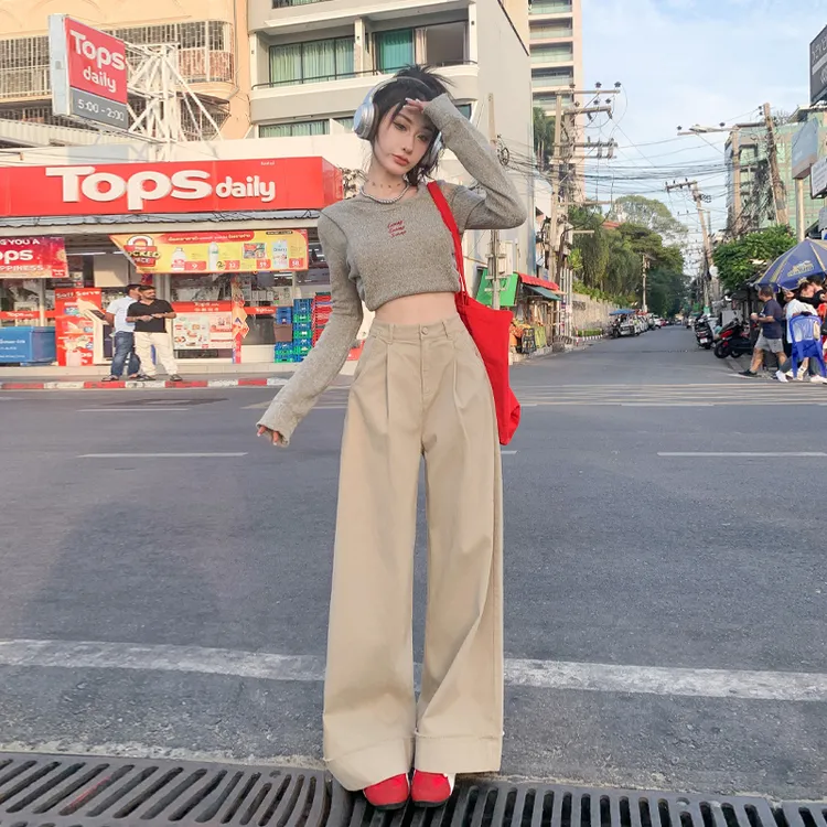 夏箐萝 秋季新款高端微弹超柔软质感色系阔腿拖地休闲裤女H9510