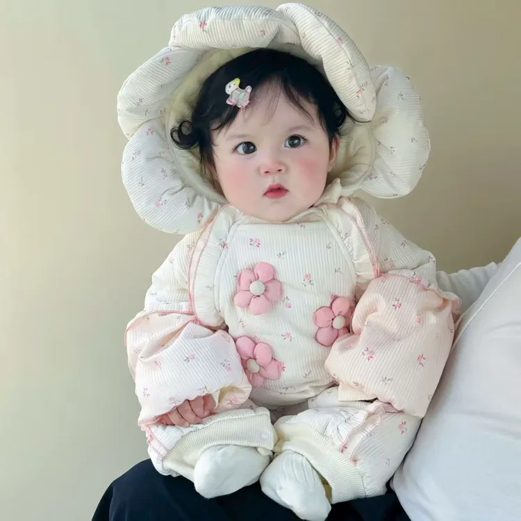 【花朵连帽厚棉】婴儿冬季棉服女宝宝甜美公主连体衣哈衣外出服