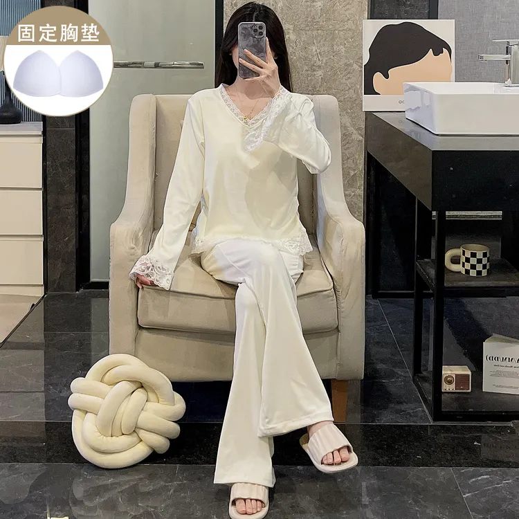 带胸垫睡衣女秋冬季杏色德绒蕾丝花边杏色珊瑚绒保暖家居服两件套