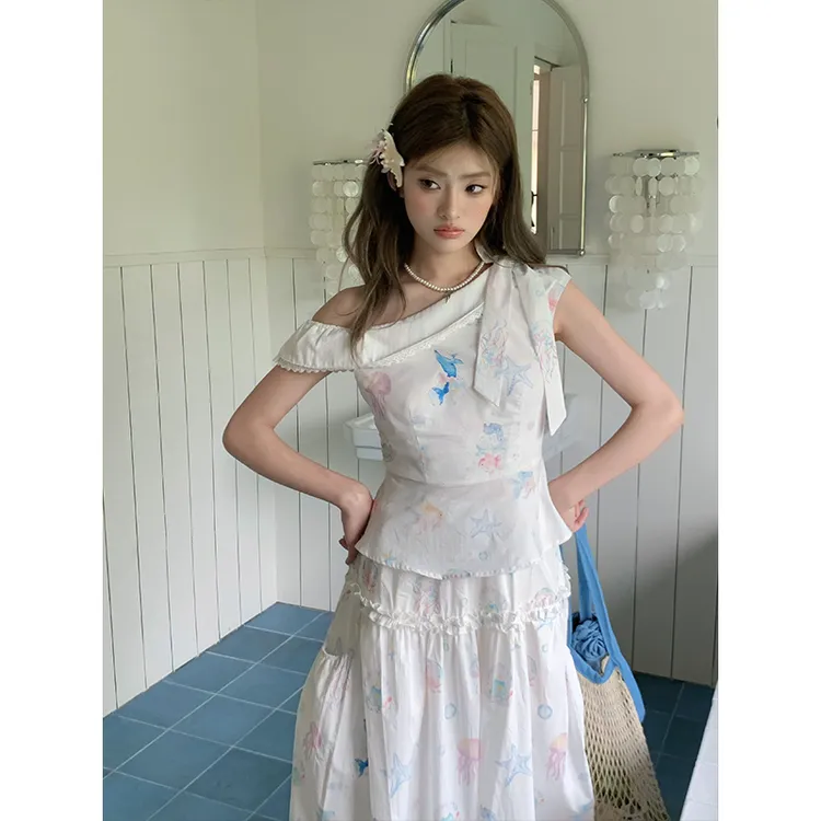 多巴胺小众甜美减龄蝴蝶结斜肩上衣碎花半身裙子套装女夏季两件套