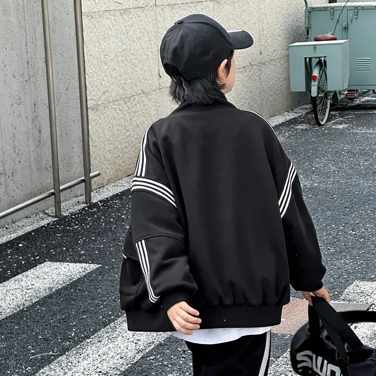 春秋新款运动服外套棒球服夹克立领男童休闲运动韩版宽松加厚织条