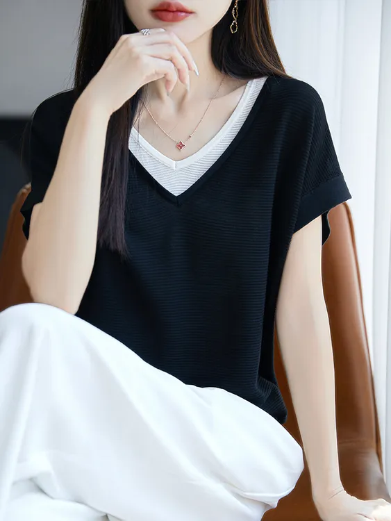 夏季天丝短袖女T恤时尚宽松百搭半袖夏季薄款V领设计感短袖气质