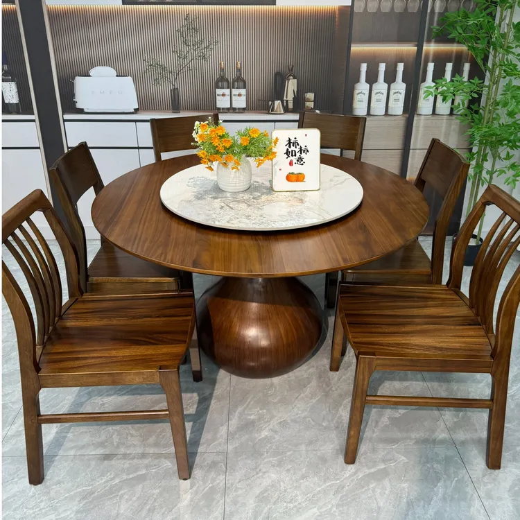 现代中式实木餐桌圆形黑胡桃木实木圆桌带转盘家用大中小户型餐桌