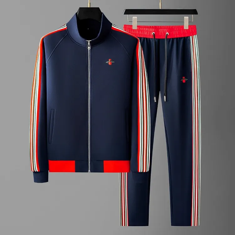 长袖秋冬保暖男休闲运动套装撞色织带青年刺绣立领长裤运动套装男