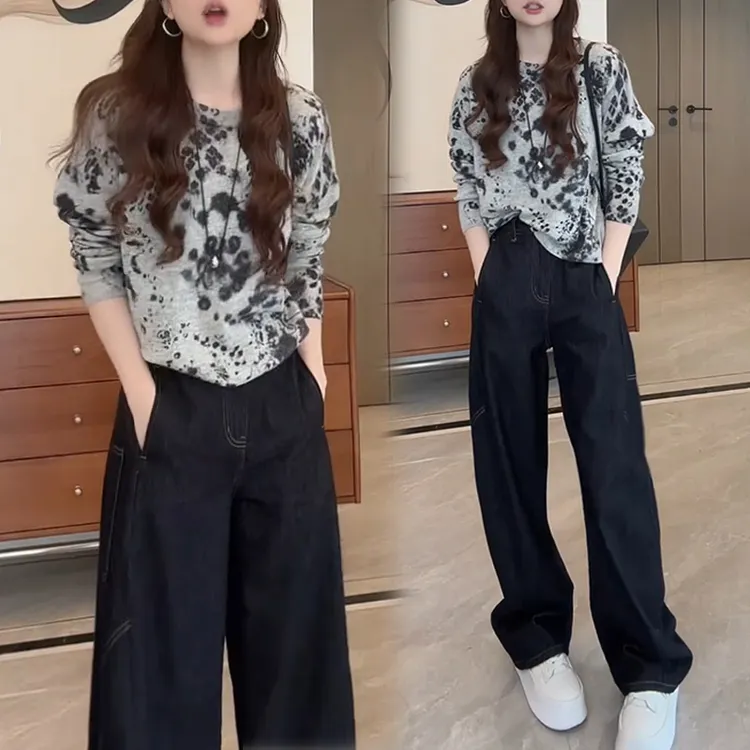 美式复古炸街套装女2025春秋新款扎染针织衫长袖牛仔阔腿裤两件套