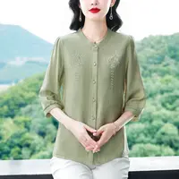 2025秋季新款七分袖百搭立领绣花棉麻衬衫妈妈上衣女刺绣中老年衫