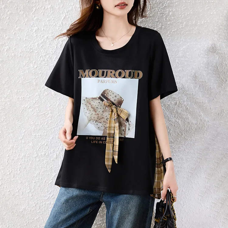 【女神新衣】2025夏季新款字母印花短袖T恤拼接宽松休闲通勤上衣服