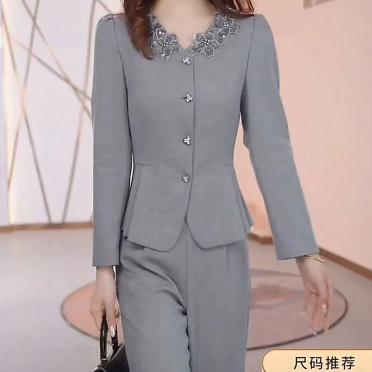 高档西装斜纹两件套装裤2025春季新款洋气修身遮肉显瘦上衣长裤子
