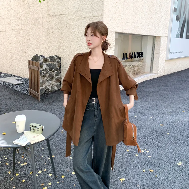 复古美拉德麂皮绒风衣2025春秋新款高级感气质韩系老钱风短款外套