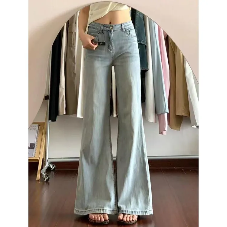 夏季韩系百搭减龄浅蓝色微喇高腰弹力牛仔裤女宽松拖地裤瑕疵慎拍
