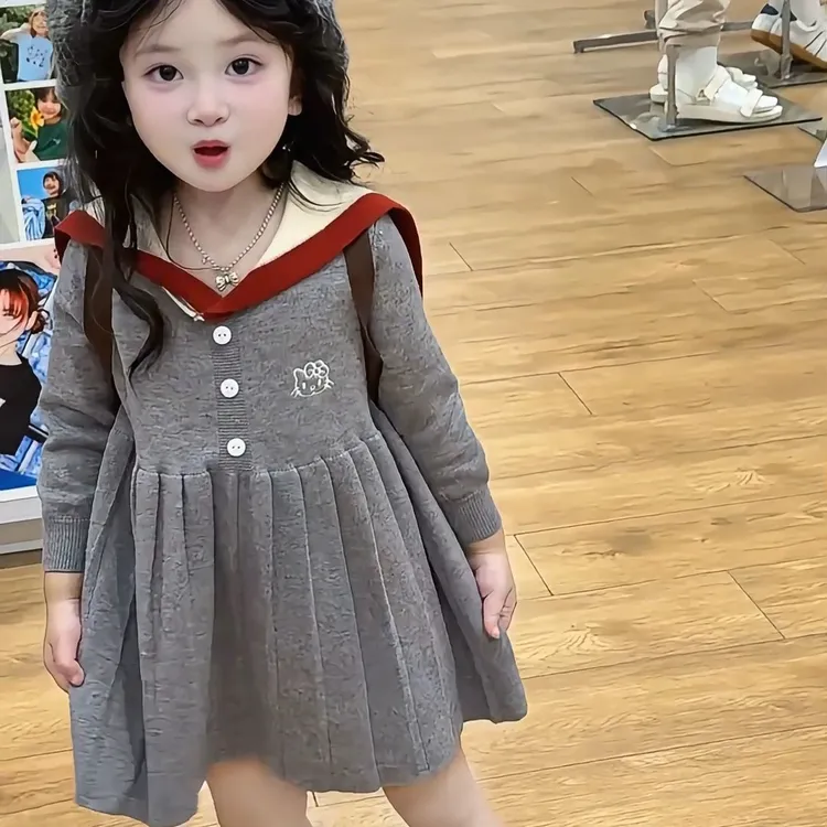 新款秋季女宝宝学院风长袖连衣裙针织衫海军领披肩毛衣裙百褶裙W