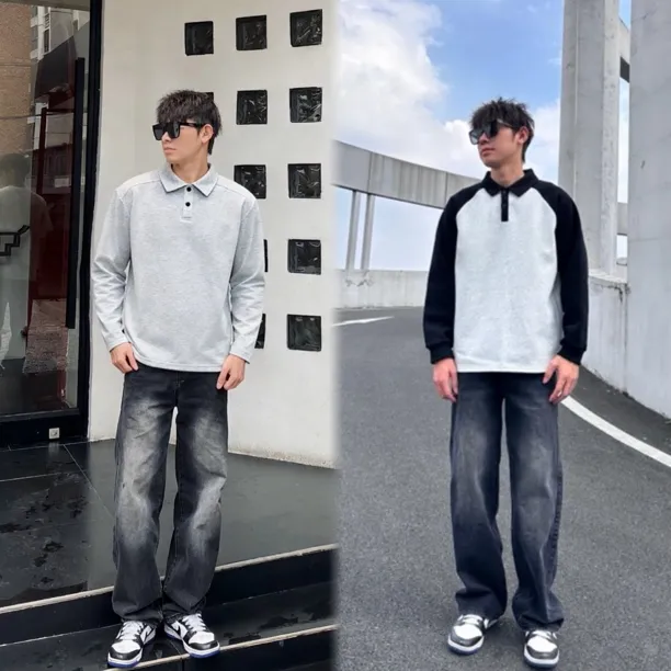 【polo领卫衣】套头圆领卫衣外套内搭春秋冬长袖宽松撞色拼接翻领