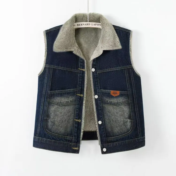 2025秋冬季加绒加厚牛仔马甲女短款羊羔毛大口袋亮片刺绣马夹保暖