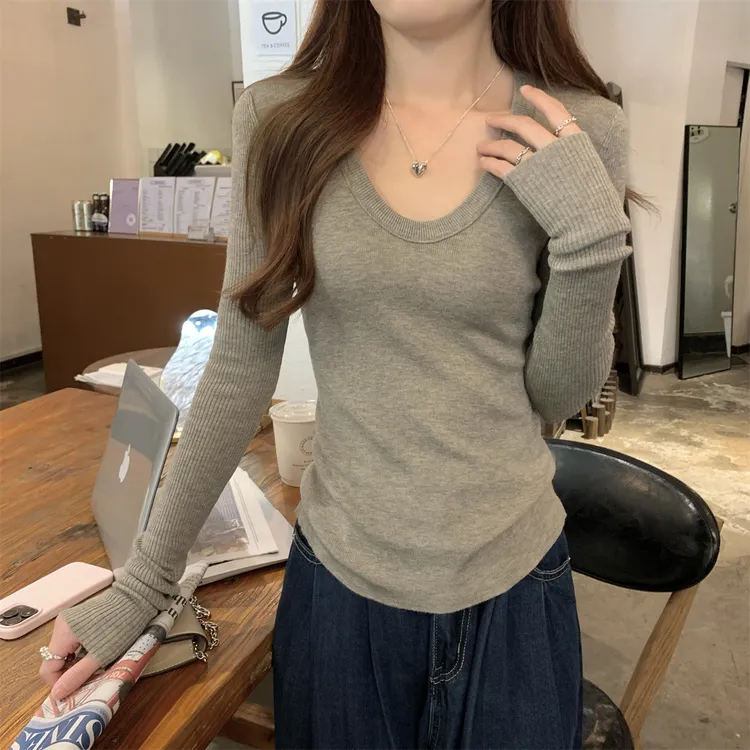 新款秋冬韩版修身正肩显瘦时尚u领简约百搭针织衫女长袖内搭上衣