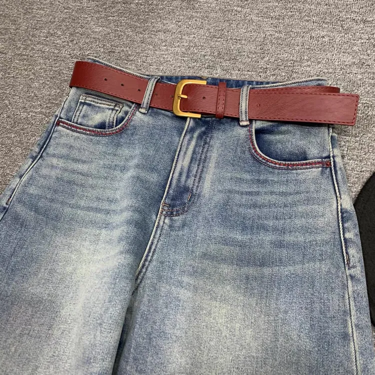 女士冬季加绒浅色洗水窄版直筒拖地牛仔裤显瘦百搭时尚洋气