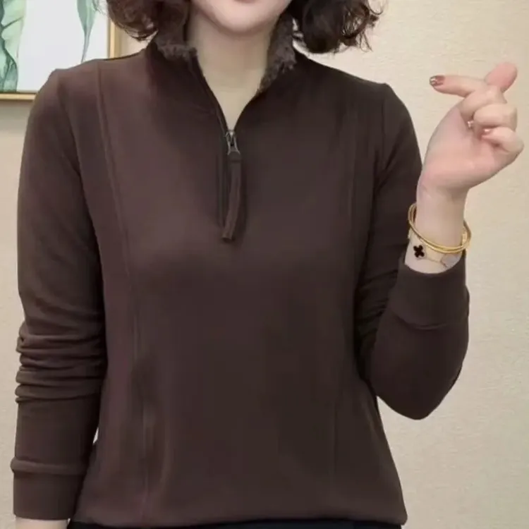 2025洋气百搭女减龄显瘦上衣半高领加绒打底衫防寒保暖拉链卫衣