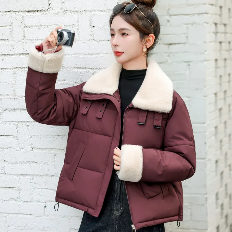 短款羽绒棉服女2025年冬季小个子洋气羊羔毛翻领学院风棉袄外套潮