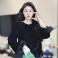 秋季新款新中式国风丝绒时尚袖口鸵鸟毛拼接气质宽松长袖上衣5813