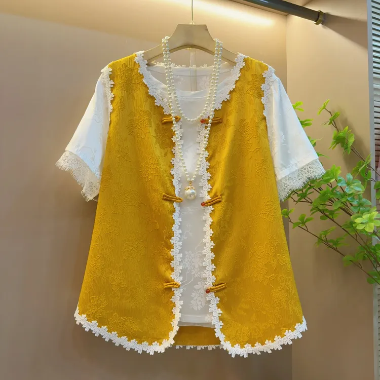 2025重工印花拼接盘扣圆领休闲复古夏季中式马甲两件套（长60左右）