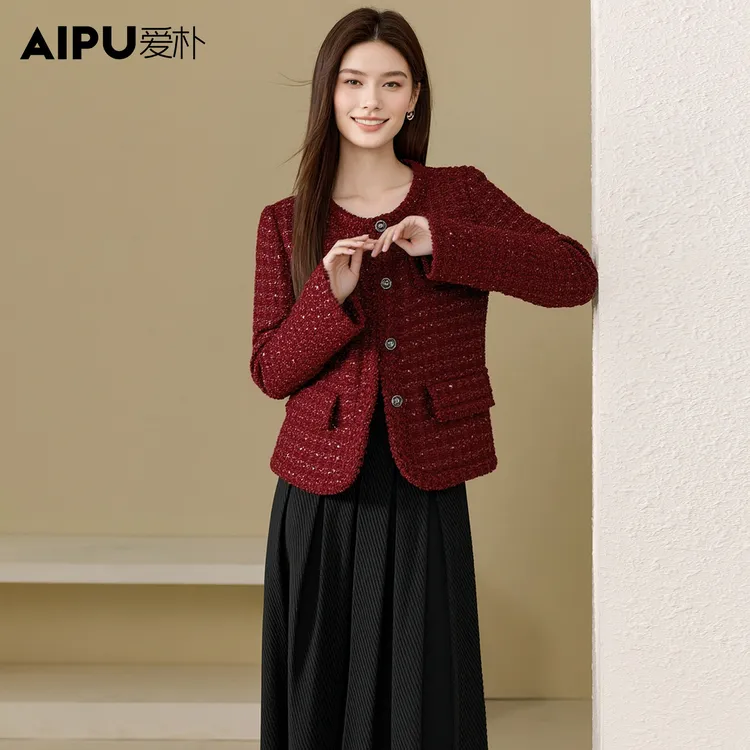 爱朴大码女装秋冬新款时尚洋气气质显瘦加厚小香风短外套77123-1