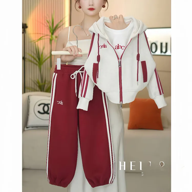 女童卫衣T恤卫裤三件套春秋2025新款拉条连帽外套学院风运动服潮