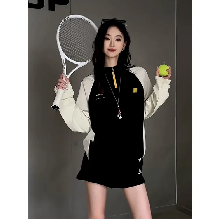 美式拼接半拉链长袖t恤男女薄款防晒运动速干衣户外骑行羽毛球服