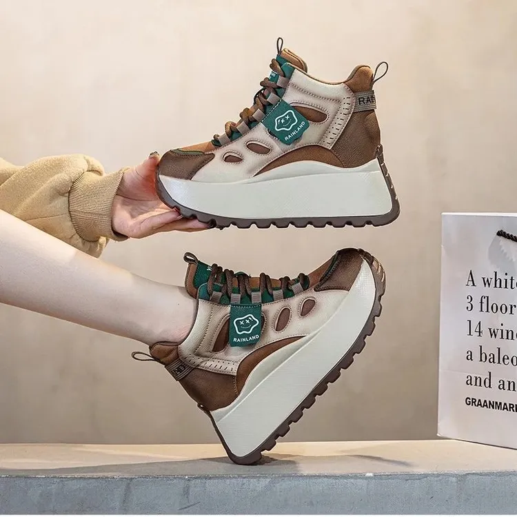 网红加绒休闲运动鞋女2024新款内增高秋冬季百搭拼色厚底老爹鞋