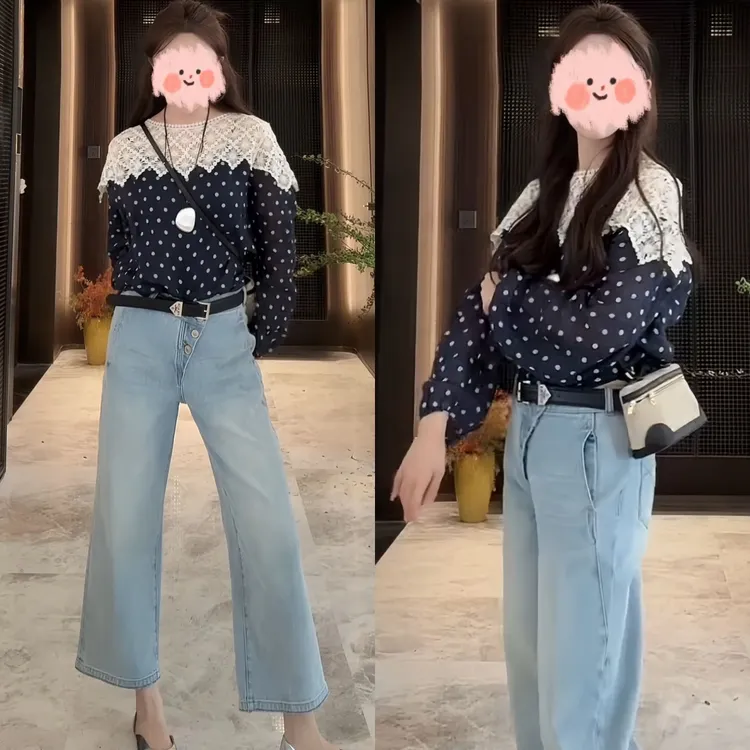 2025春夏高级感套装今年流行小众轻奢波点长袖上衣百搭牛仔裤套装