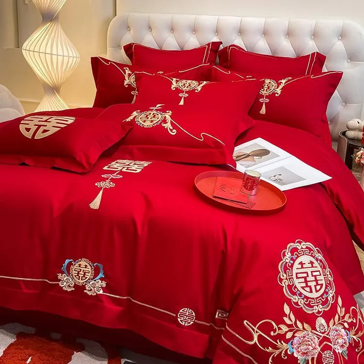 中式100支结婚四件套红色婚庆被套婚房喜被床单陪嫁床上用品4