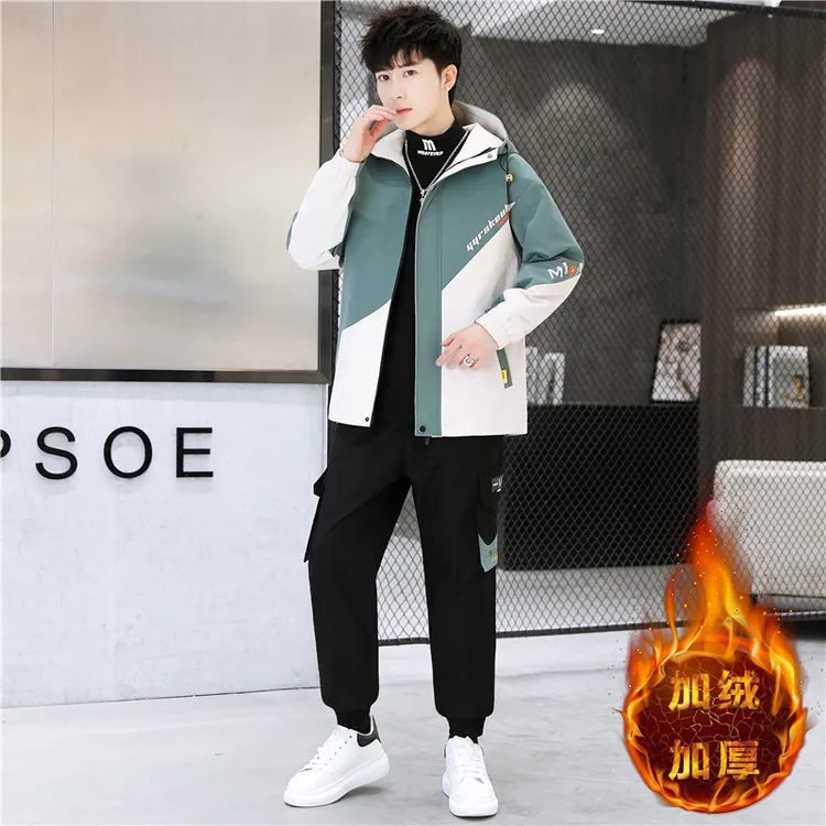 新款秋冬季外套男士加绒夹克韩版青少年学生加厚风衣潮流男装上衣