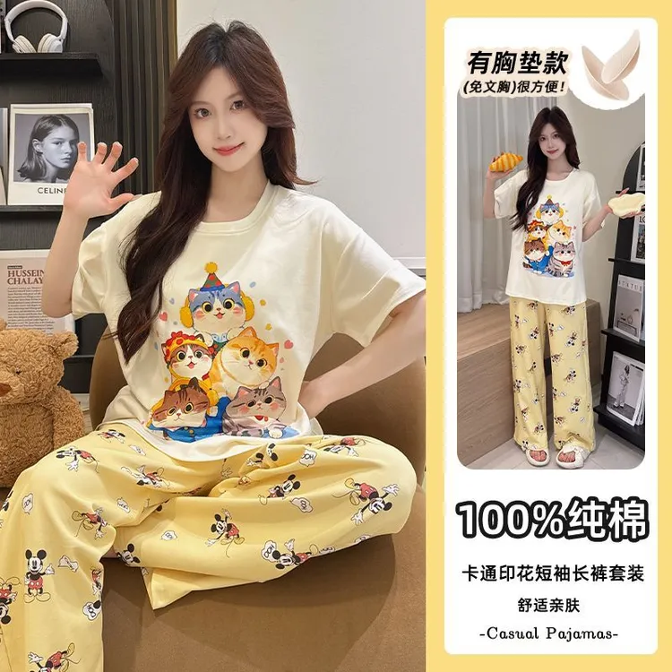 2025年带胸垫睡衣女短袖长裤夏季纯棉卡通可爱猫咪家居服套装外穿