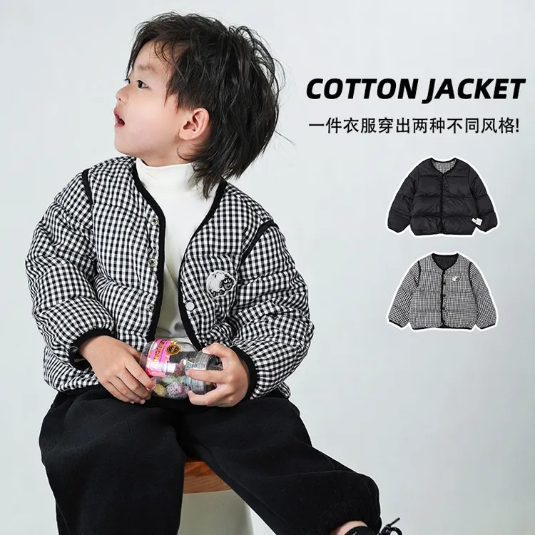 JMJQ童装深秋冬季韩版时尚双面穿格子无领校服神器羽绒服201561