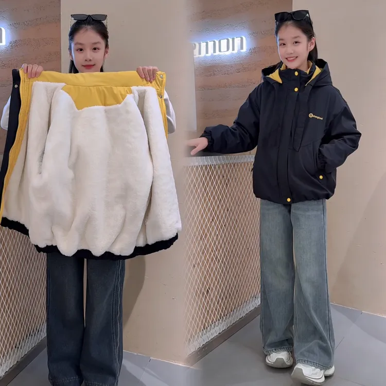 女童秋冬新款加毛拼色派克服外套2025新款休闲时尚百搭韩版中大童
