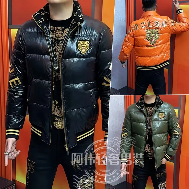 阿伟家冬季新款男士立领刺绣百搭短款外套修身保暖高品质羽绒服潮