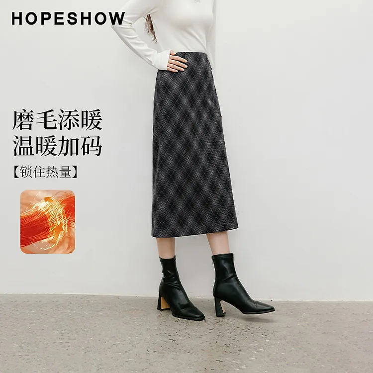 红袖2025冬女装 复古风撞色格纹侧拉链连腰直筒半身裙90125361504
