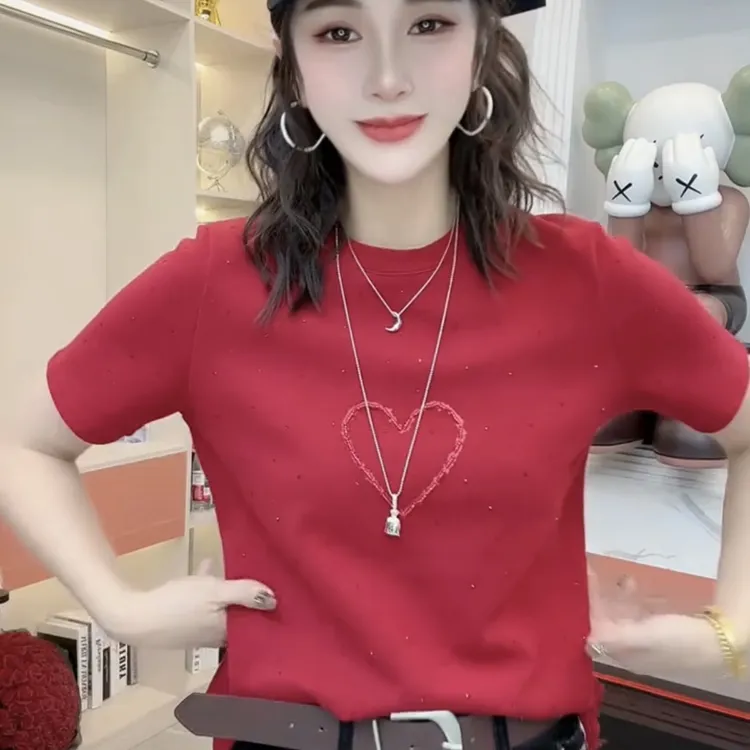 爱心烫钻圆领短袖T恤时尚显瘦百搭内搭上衣秋冬洋气宽松气质修身