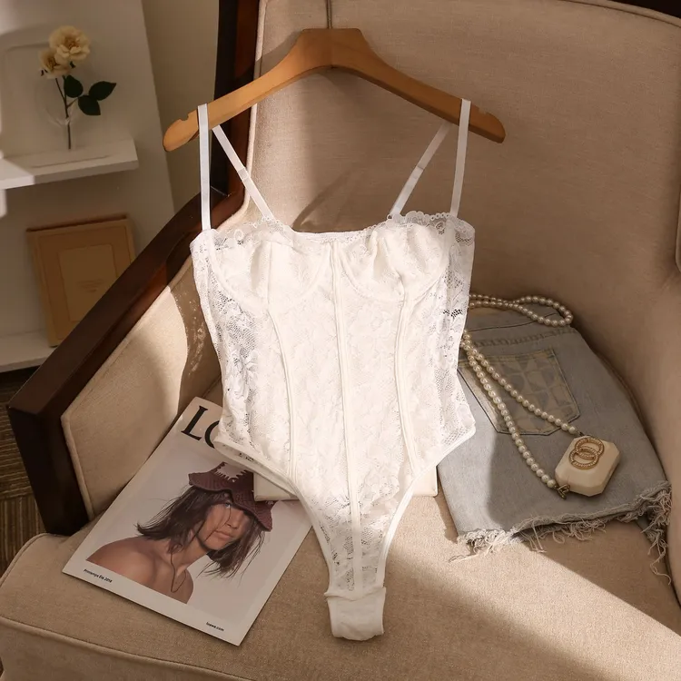 纯欲辣妹白色蕾丝鱼骨连体衣吊带背心女新款修身内搭美背无袖上衣