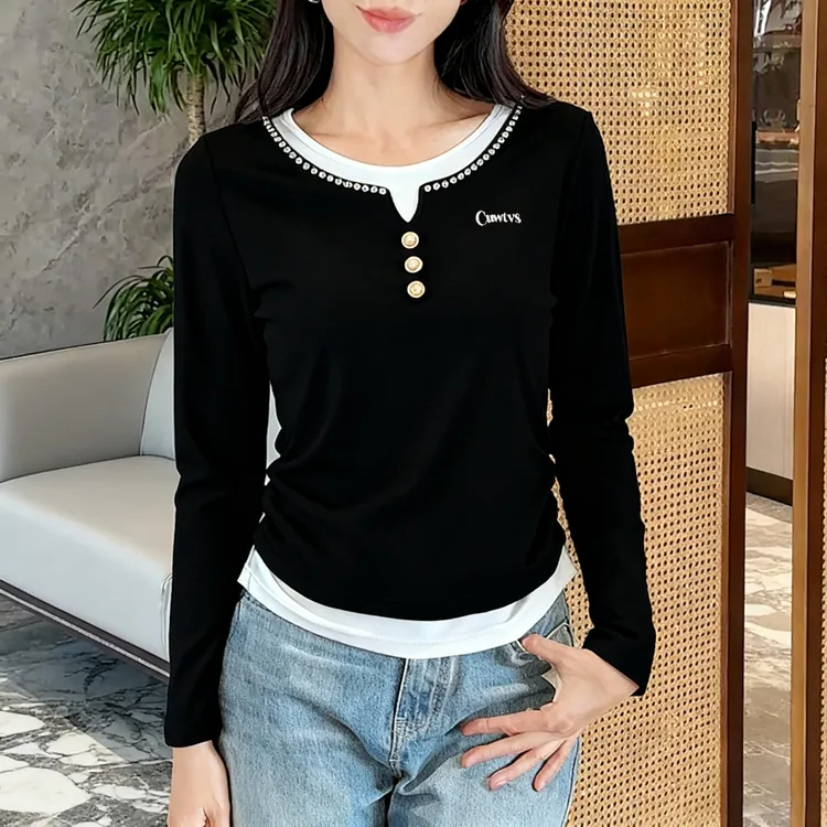 2025秋冬新款假两件拼接显瘦百搭时尚上衣重工钉珠纽扣打底衫上衣