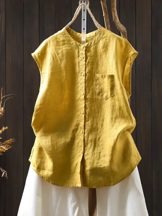 黄色纯亚麻无袖衬衫女2025夏新款纯色小立领宽松休闲文艺百搭上衣