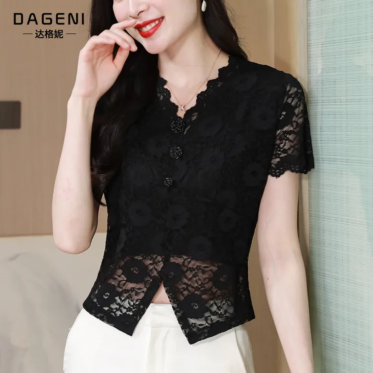 2025年夏季法式复古镂空修身洋气短袖气质显瘦上衣蕾丝打底衫女