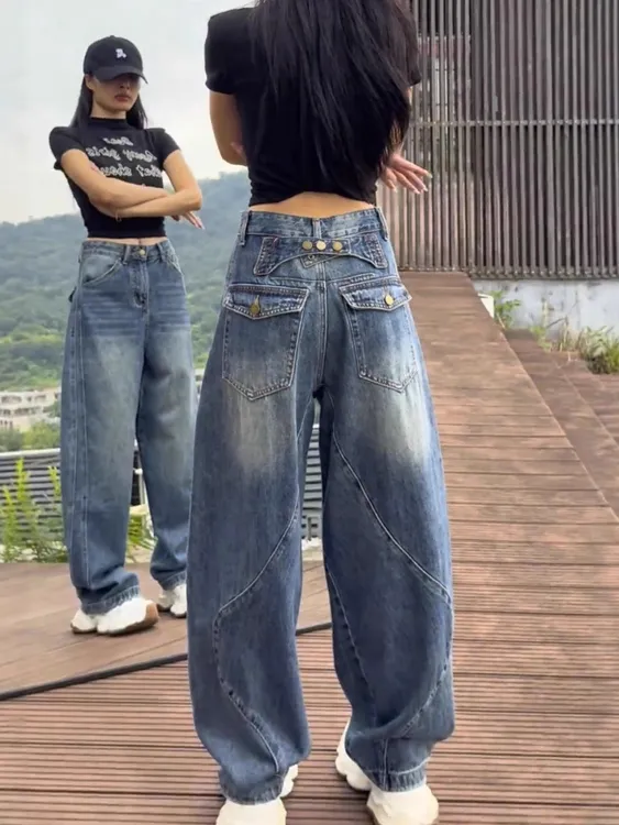 大码弯刀阔腿牛仔裤女秋季2025新款胖mm显瘦宽松美式高街直筒裤子