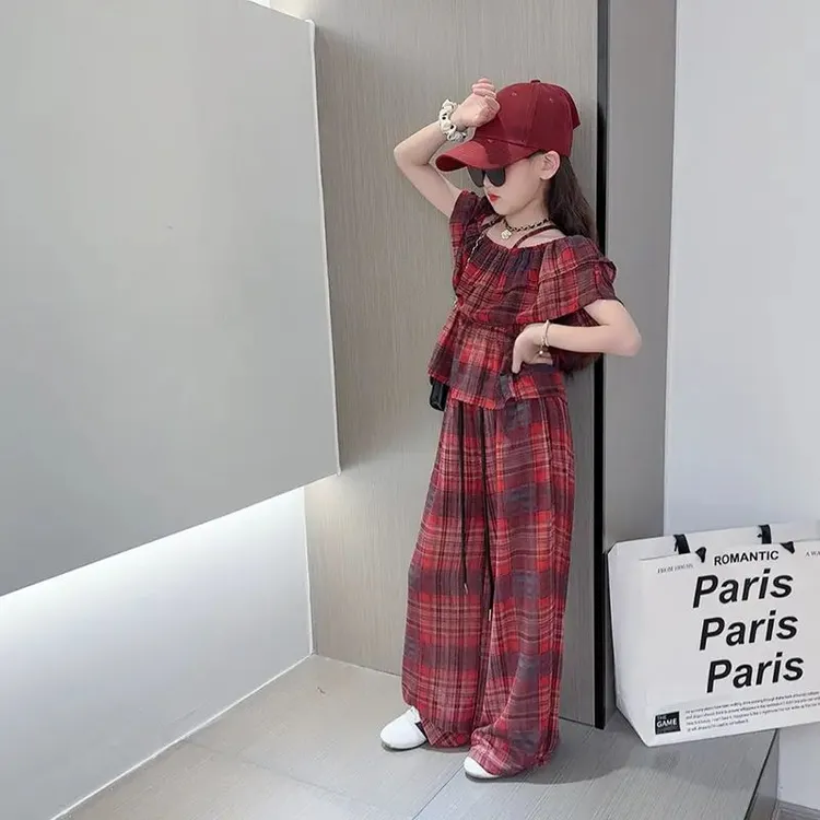 女童吊带露肩上衣长裤两件套2025夏季女孩复古红色格子时尚套装潮