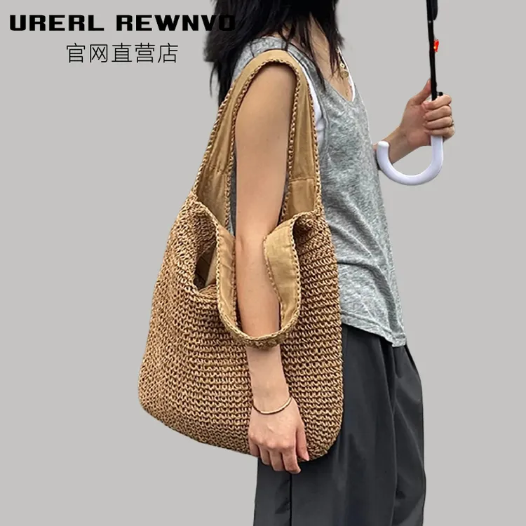 URERL REWNVO草编托特包女2025新款潮沙滩编织包大容量草编单肩包