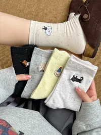 AB刺绣点子纱灰色袜子女中筒袜春秋卡通刺绣堆堆袜日系可爱薄款